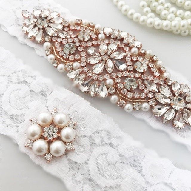 Rose Gold Diamond Rhinestone Bridal Garter Set – Belle Box Boutique